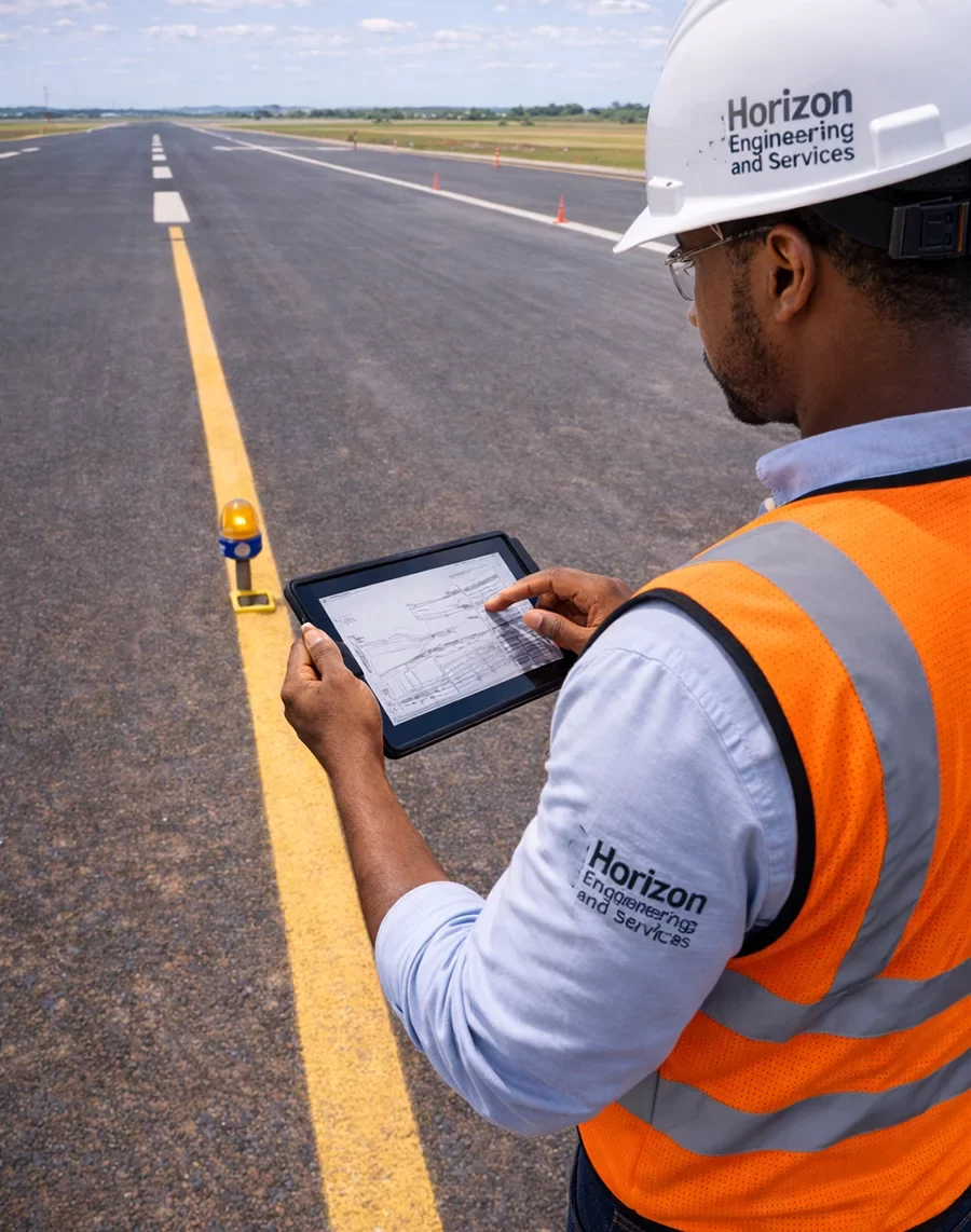 Congolese civil engineer inspecting road or runway pavement conditions using a tablet, with visible pavement texture, markings, safety cones, and navigation lights in Kolwezi, DR Congo.