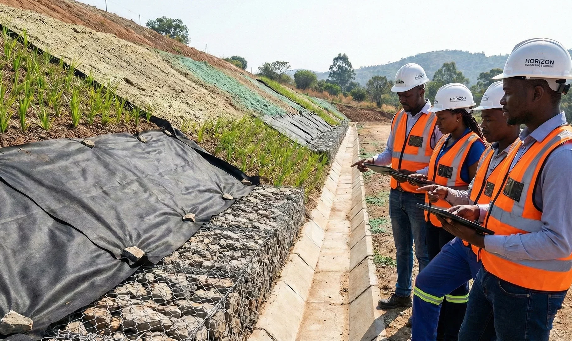 A team of four Black engineers from Horizon Engineering and Services, wearing white hard hats and orange safety vests, inspect an erosion control site. The slope features geotextile fabric, rock-filled gabion baskets, a concrete drainage channel, and initial vegetation planting. The engineers are using digital tablets to monitor the stabilization progress in a sunny, hilly environmen