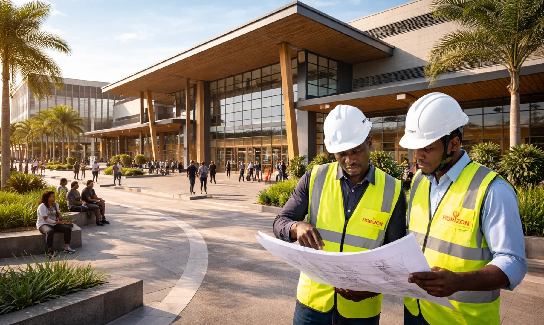 Engineers in Horizon PPE reviewing structural drawings outside a modern public facility with walkways, large entrances, and active users in Kolwezi.