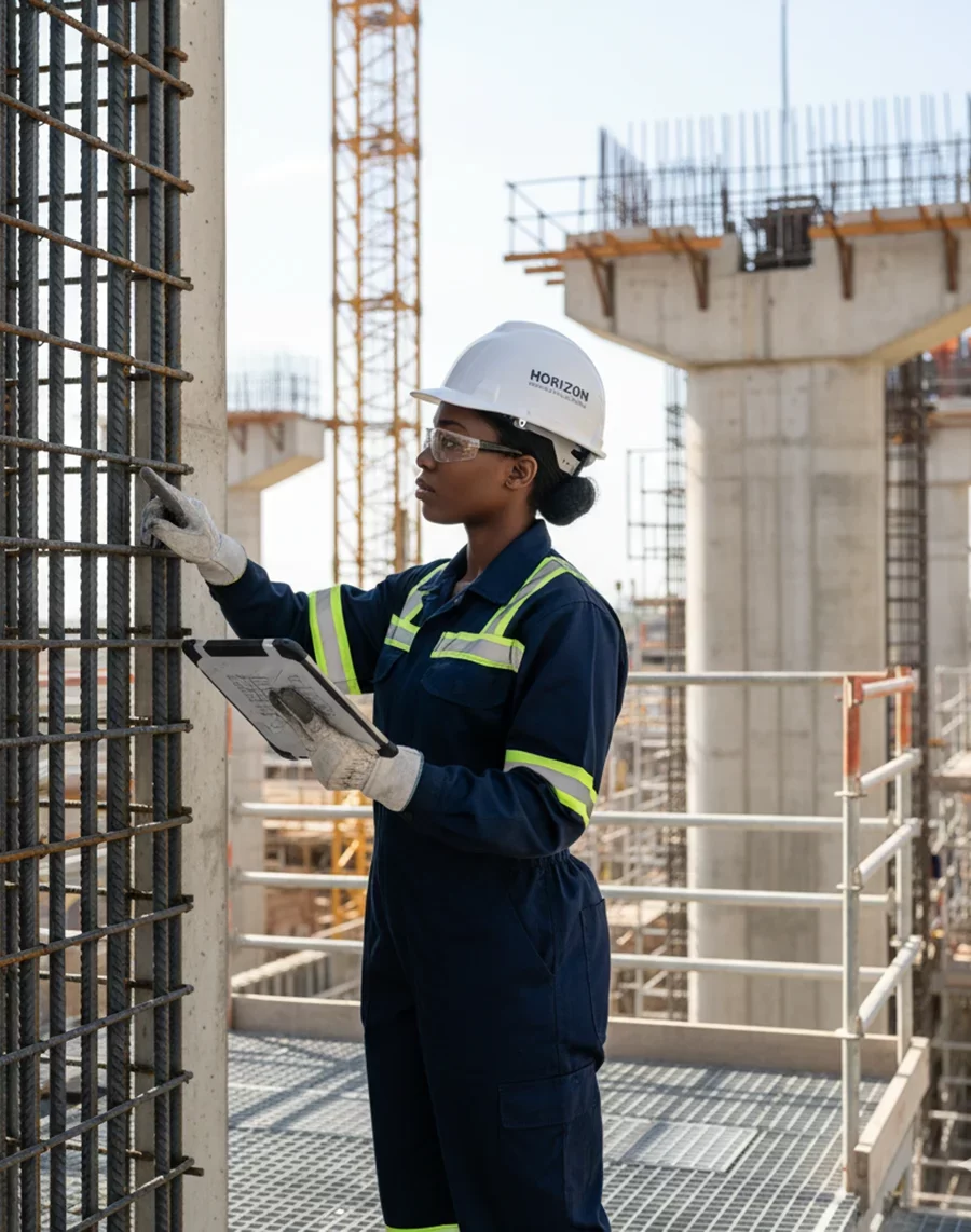 Vertical image of a structural engineer in Horizon PPE inspecting concrete columns and rebar of a bridge support using a digital tablet for structural integrity verification