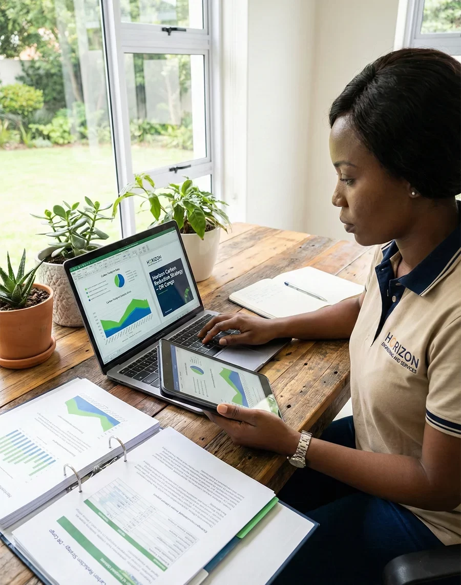 Congolese sustainability specialist in Horizon Engineering branded attire analyzing carbon footprint data charts on a laptop and tablet in an eco-friendly office setting.