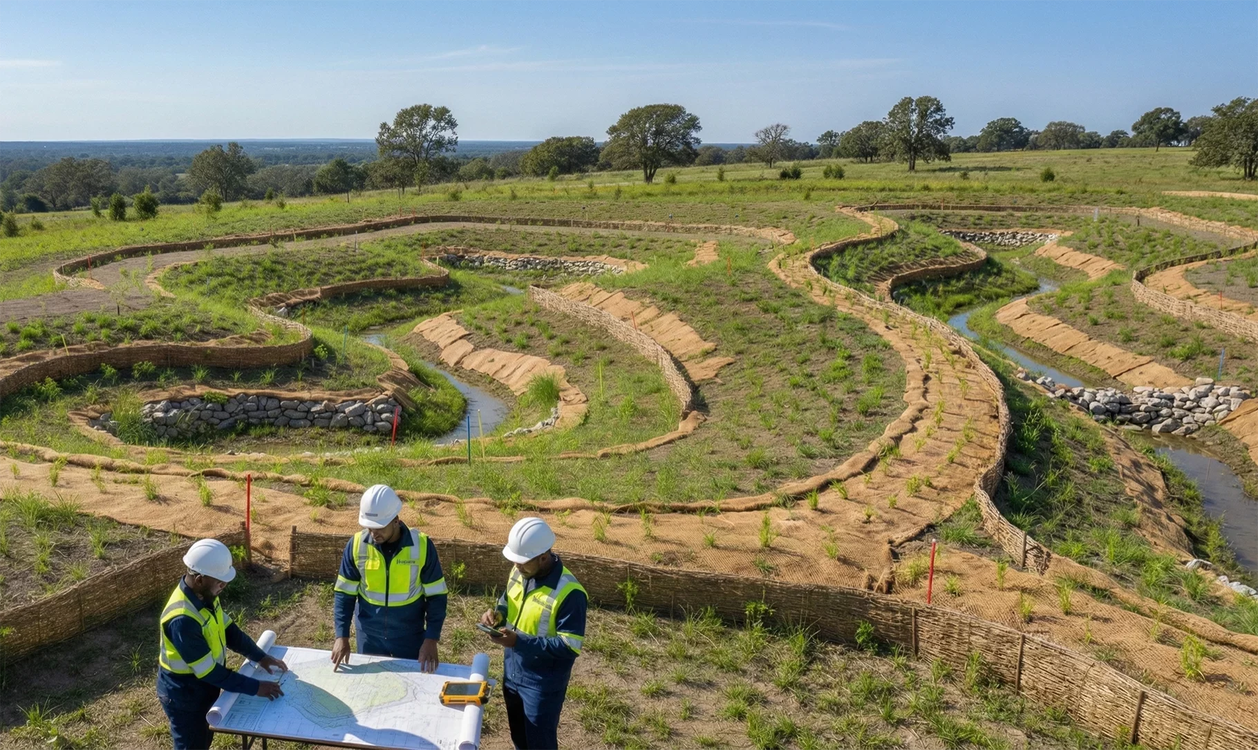 Horizon Engineering and Services specialists reviewing a site recovery plan on a field table overlooking a newly restored terrain with bio-engineered erosion control channels and native vegetation.