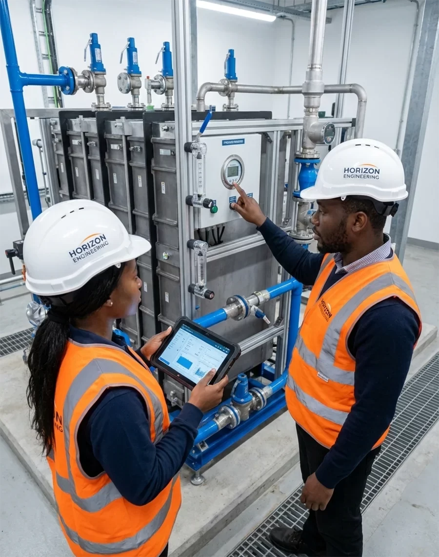 A Black female and male engineer from Horizon Engineering and Services, wearing branded hard hats and orange high-visibility vests, inspect a large industrial processing module. The woman holds a rugged tablet displaying data, and the man points to a digital gauge on the equipment in a clean, modern facility.