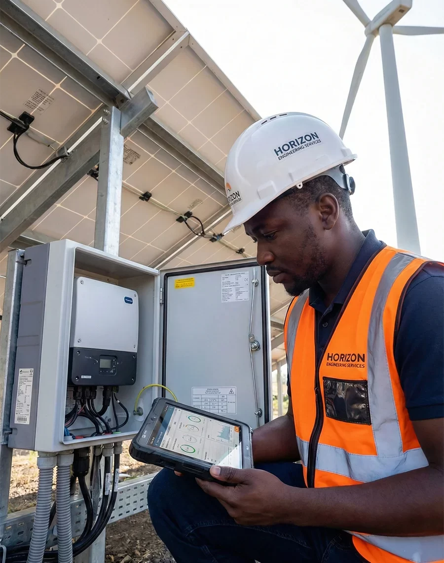 A Congolese engineer from Horizon Engineering and Services, wearing a white hard hat and orange high-visibility jacket, performs a technical check on a geothermal wellhead. He is using a rugged tablet to monitor digital gauges on insulated piping while steam vents in the background of a volcanic field.