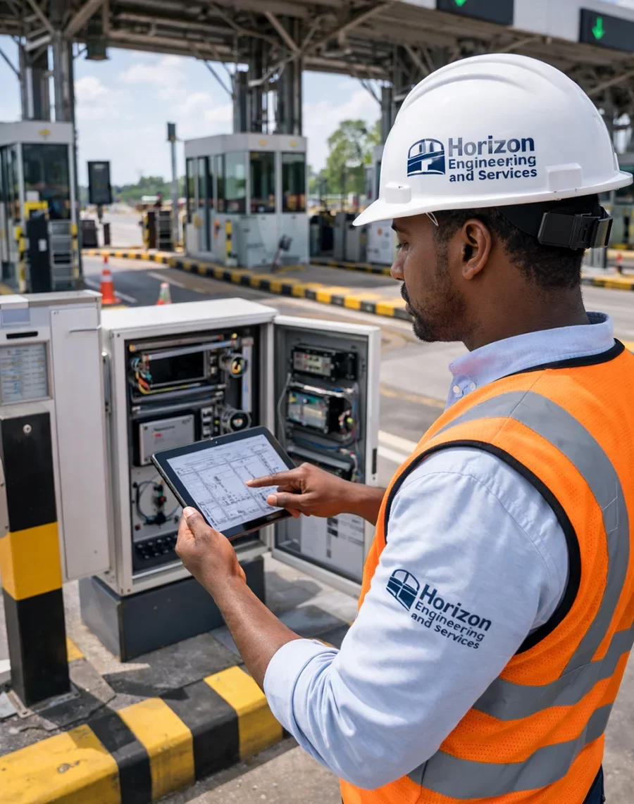 Engineer inspecting toll gate control panels and lane systems using a tablet at a transport facility near Kolwezi, DR Congo.