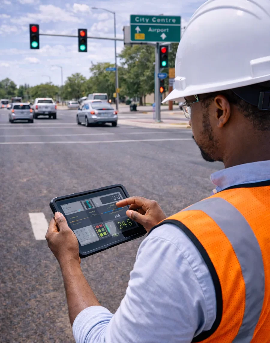 Traffic engineer using a tablet to monitor traffic flow and adjust signal timing at an active urban intersection with vehicles and traffic lights in Kolwezi, DR Congo.