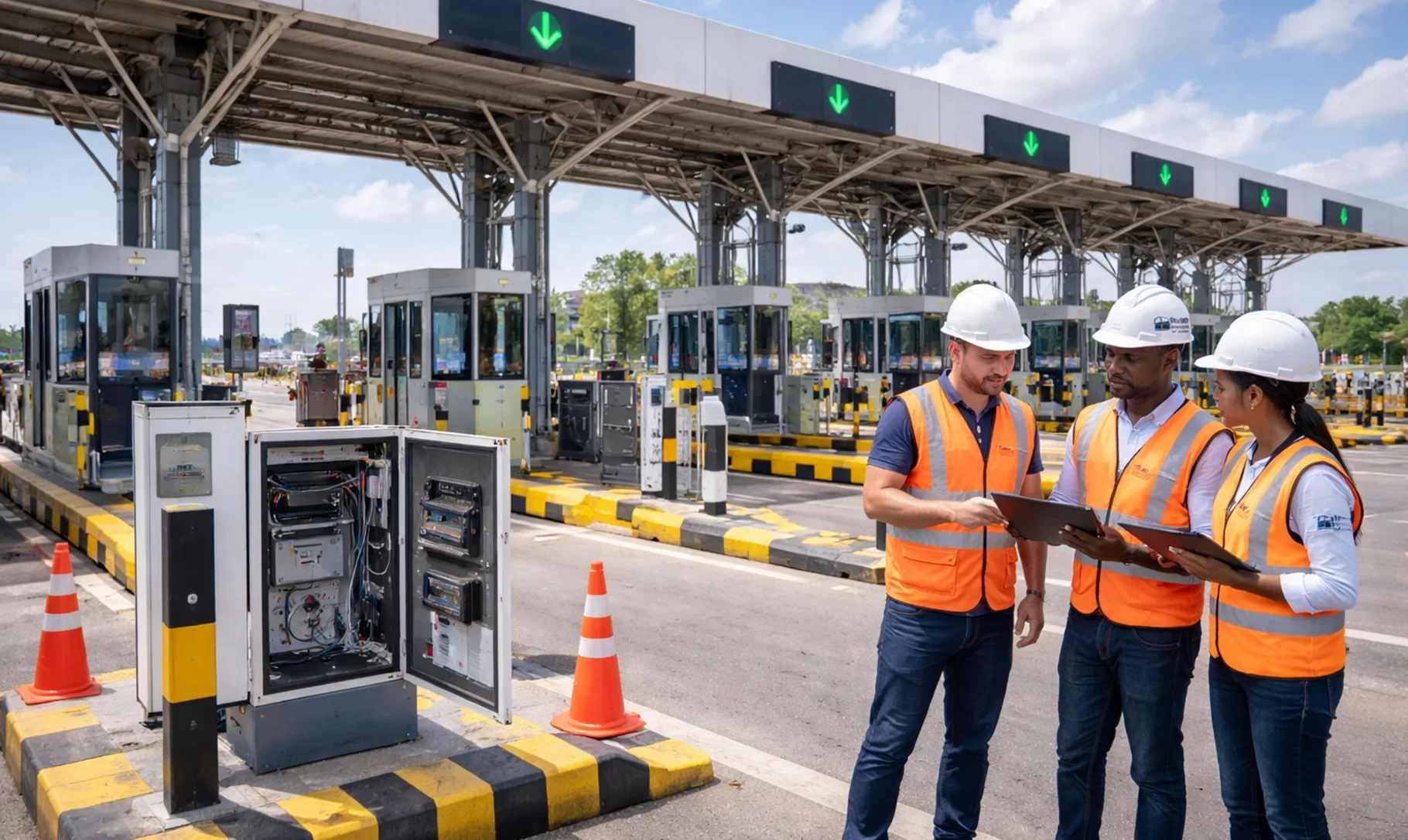 Engineers inspecting toll gate systems and traffic control equipment at a modern multi lane transport facility under natural daylight in DR Congo.