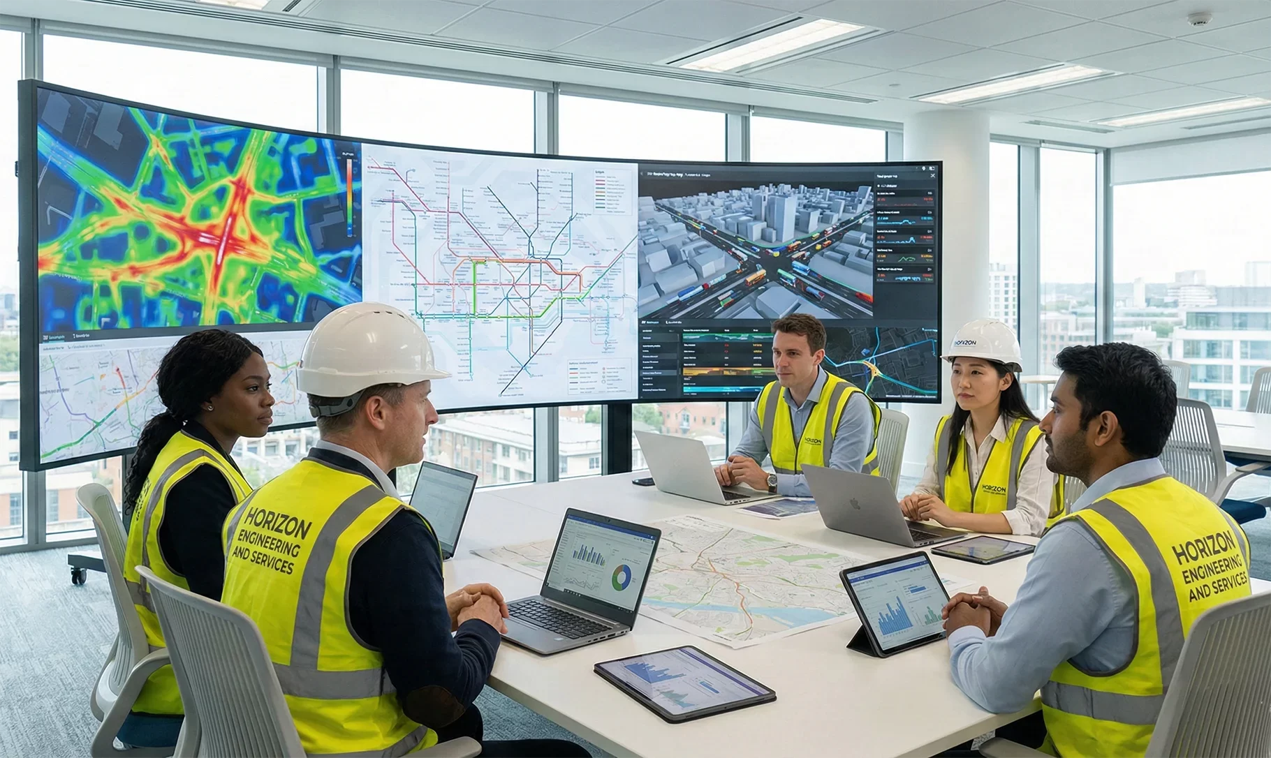 A team of five engineers and planners from Horizon Engineering and Services, wearing high-visibility vests and hard hats, collaborate in a modern, glass-walled office. They are analyzing traffic heat maps, transit route diagrams, and digital city models displayed on large monitors, laptops, and tablets to optimize urban mobility.