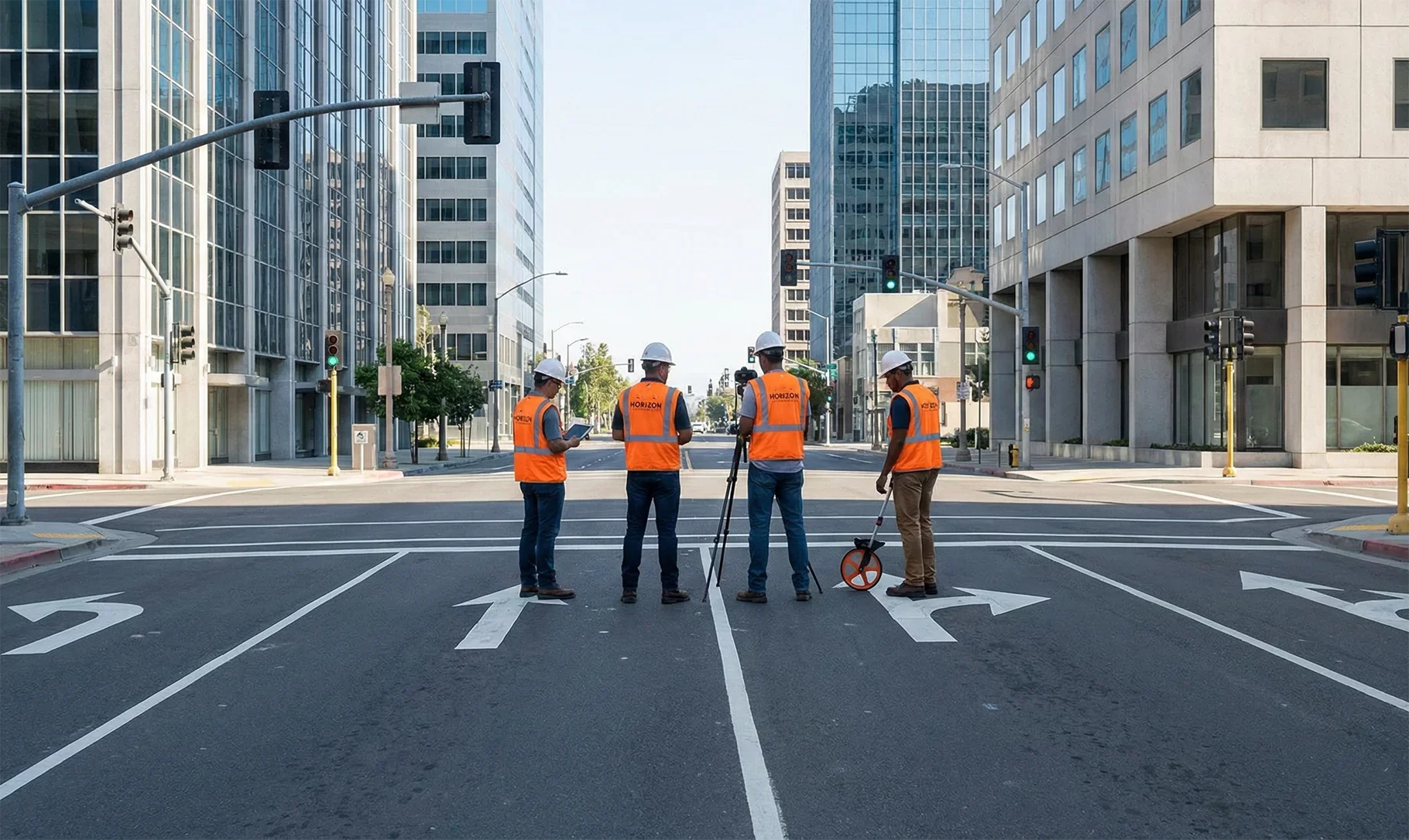 A team of four engineers from Horizon Engineering and Services, wearing high-visibility orange vests and hard hats, conduct a technical survey of a city intersection in Kolwezi, DR Congo, using a measuring wheel, a camera on a tripod, and a tablet.