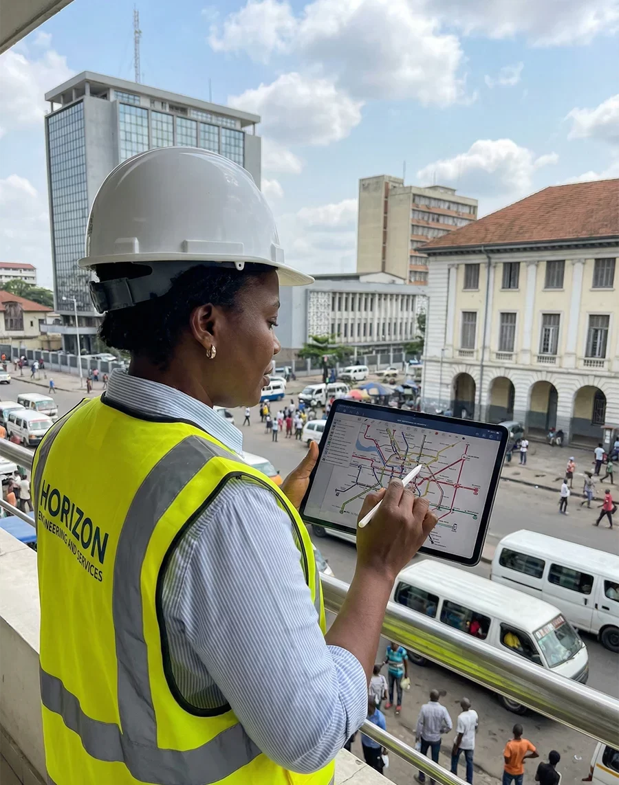A female Congolese transportation planner from Horizon Engineering and Services, wearing a hard hat and high-visibility vest, uses a stylus on a tablet to analyze a public transport network map while overlooking a busy urban street in DR Congo.