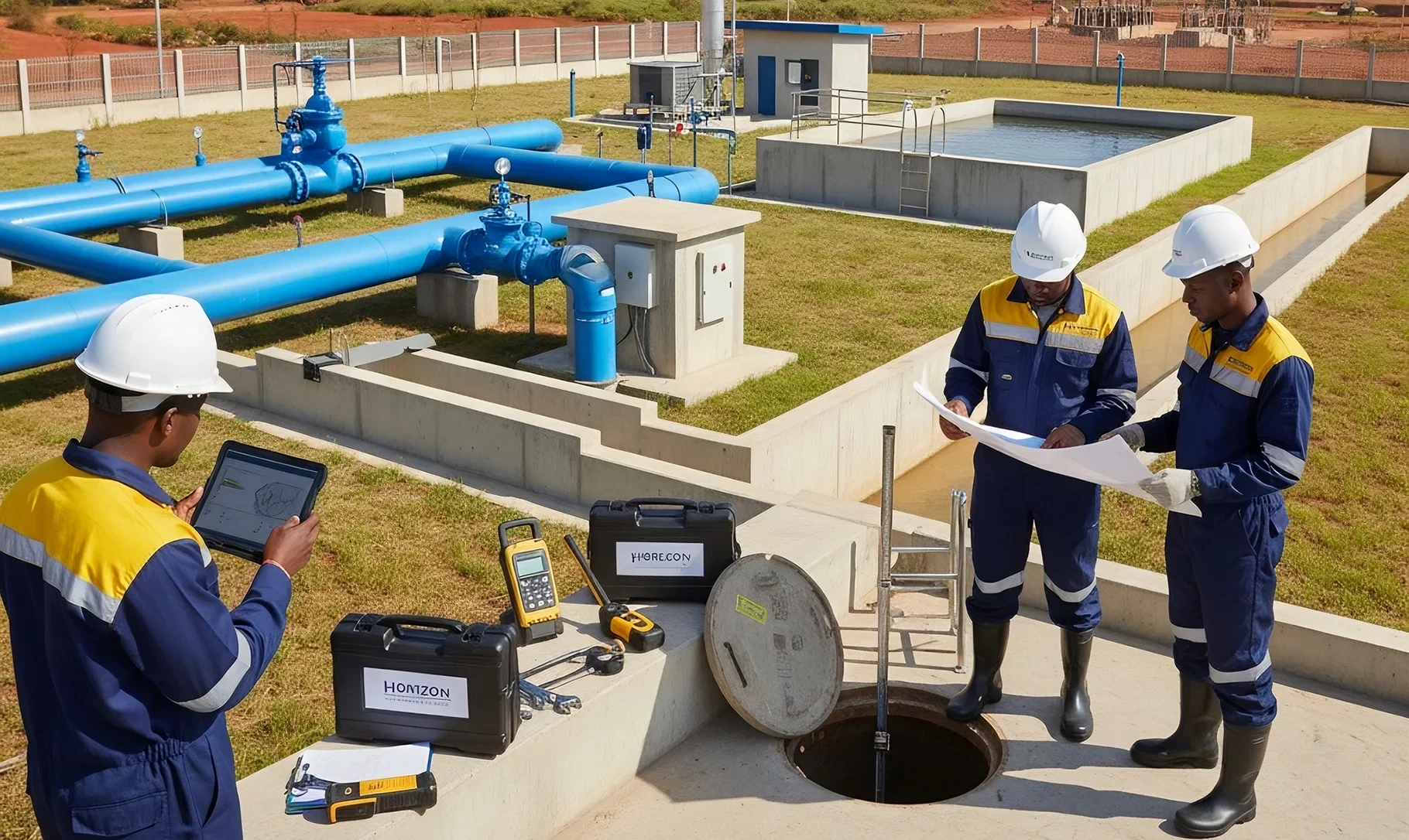Panoramic view of Horizon Engineering personnel inspecting modern water distribution pipelines, sewer manhole chambers, and pump performance data on a tablet in an urban African environment